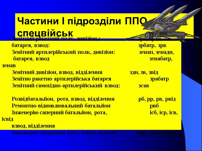 Частини І підрозділи ППО, спецвійськ  Зенітний ракетний полк, дивізіон,:    